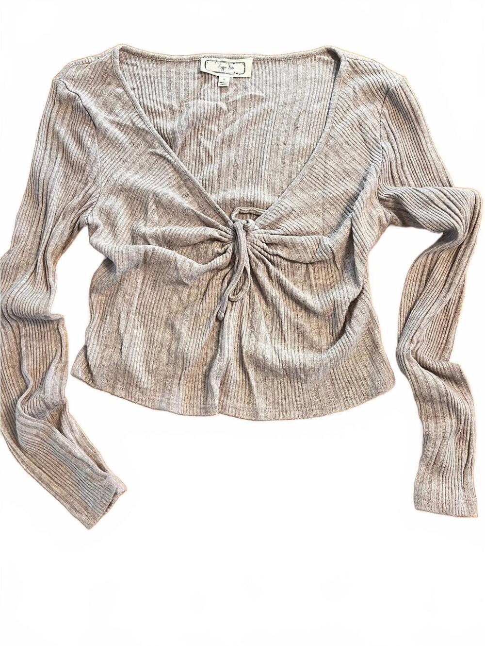 Hippie Rose Ribbed Long Sleeve Crop Top with Front Tie in Light Beige